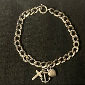 Sterling Silver Charm Bracelet with Cross, Anchor & Heart.  Faith, Hope & Love.